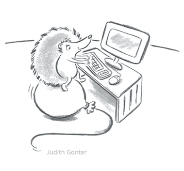 Illustration Igel auf Luftballon am Schreibtisch mit Computer beim E-Mail schreiben als Symbol für digitale Kontaktaufnahme und kreative Kommunikation im Kontext von Sketchnotes und visuellem Coaching