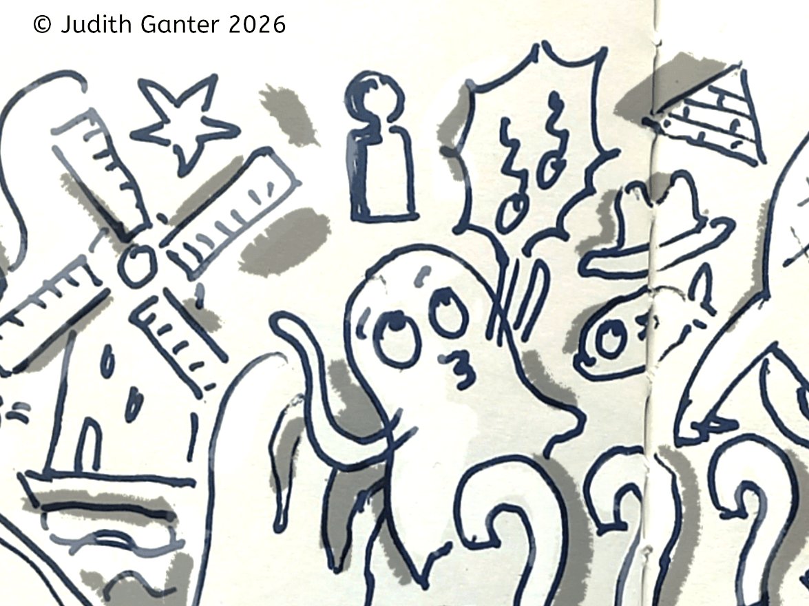 ketchnote-Ausschnitt mit den Symbolen Gespenst, Schlüsselloch, Hut, Pyramide, Fisch und Windmühle zur Ausstellung „Aiga Rasch und ihre Detektive. Die drei ??? (Die drei Fragezeichen) und Sherlock Holmes“ im Altonaer Museum.