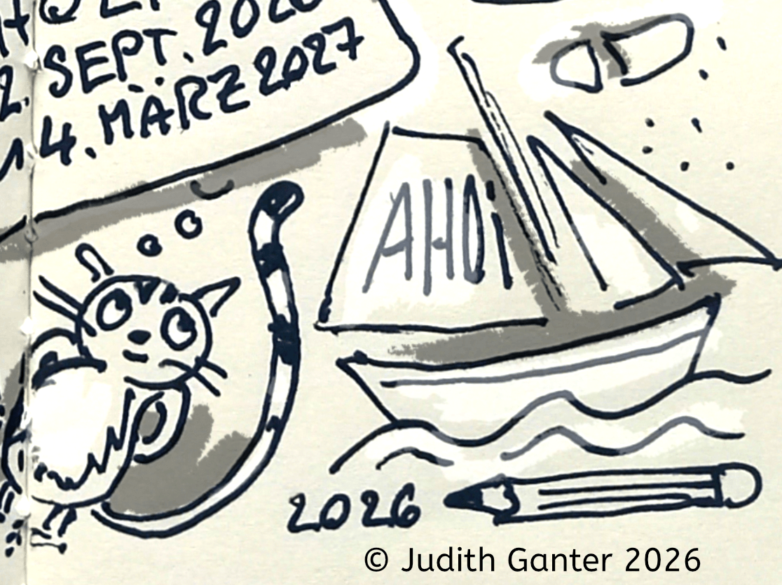 Sketchnote-Ausschnitt mit Katze und Segelboot zur Ausstellung „Aiga Rasch und ihre Detektive. Die drei ??? und Sherlock Holmes“ im Altonaer Museum.