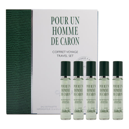 COFFRET DE VOYAGE - POUR UN HOMME DE CARON COMPORTANT 5 VAPORISATEUR EAU DE TOILETTE
