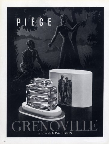 PUBLICITE ANCIENNE PRESENTANT LE FLACON PIEGE DE GRENOVILLE