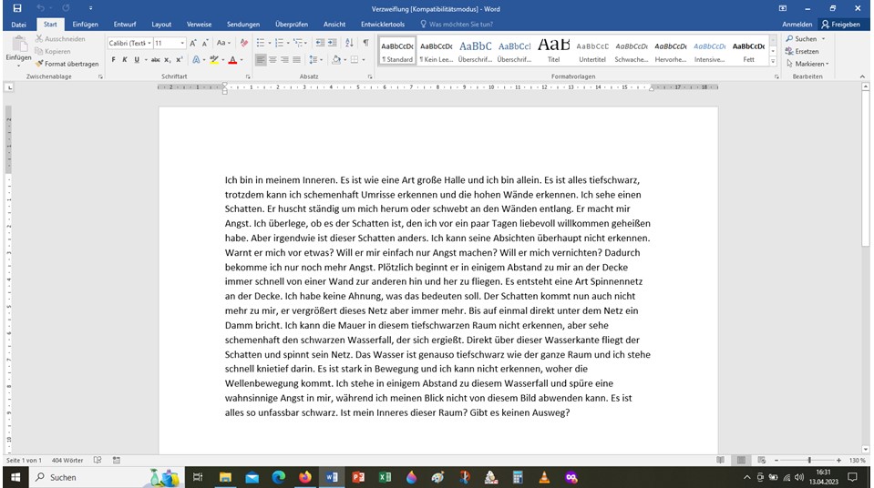 Zu sehen ist ein Screenshot meines Bildschirms. Der Screenshot zeigt den Originaltext mit dem ersten inneren Bild, welches ich in einem Word-Dokument damals aufgeschrieben habe.