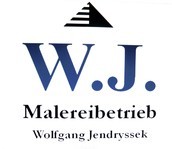 Das logo der Firma. Den Kopf des Logos bildet eine Pyramide schwarz weiß gestreift darunter die Initialen W.J. die für Wolfgang Jendryssek stehen Farbton blau