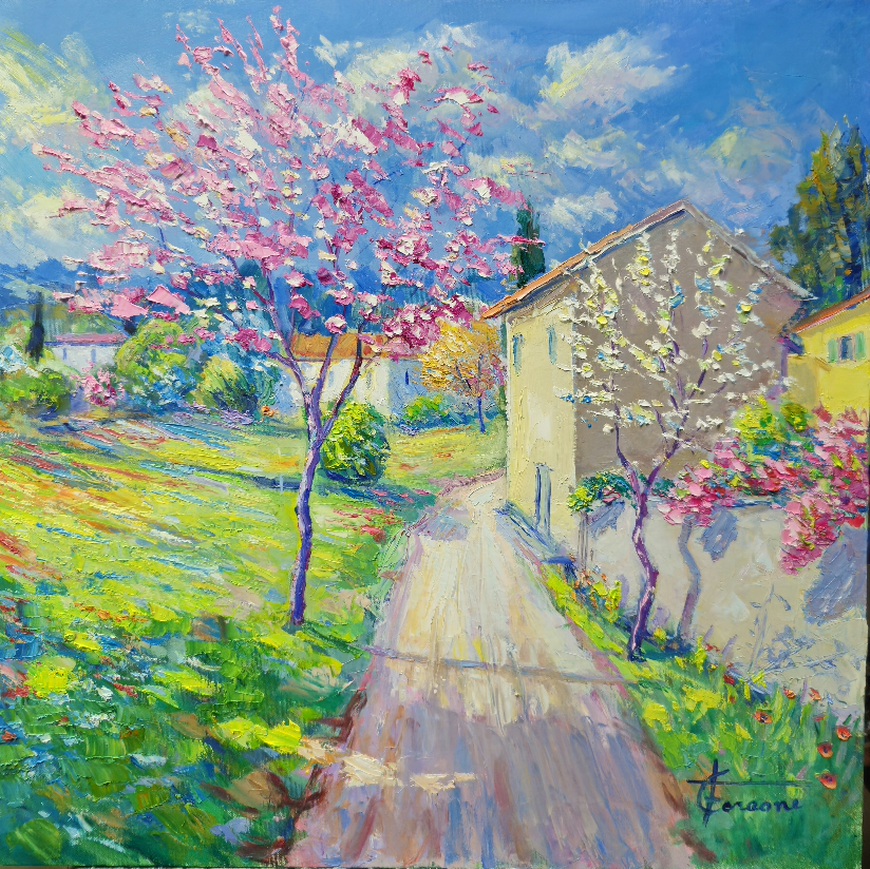 Passeggiando nella mia mente..Scorcio di Primavera olio su tela cm 60x60 (Codice 467/24)