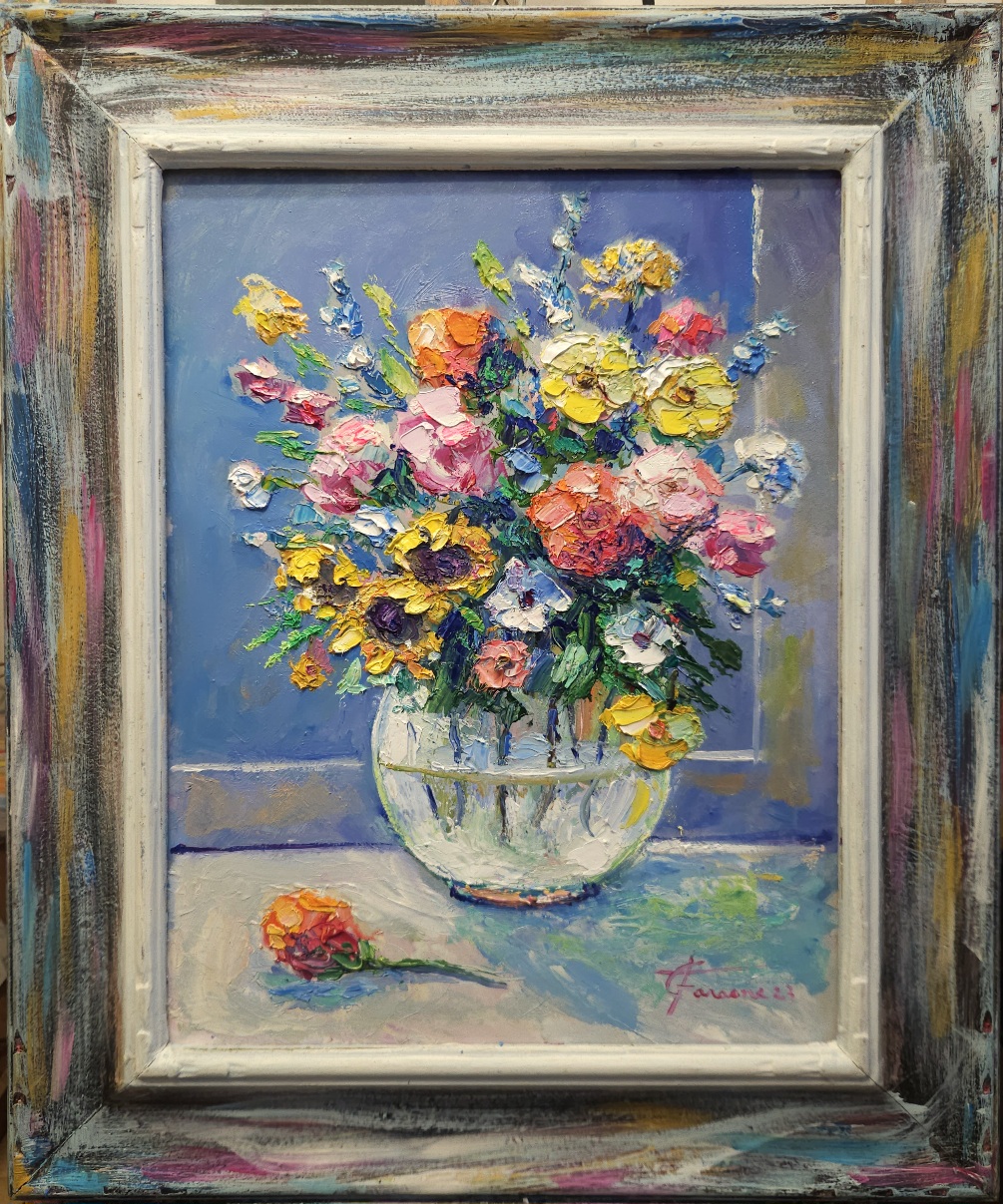 Vaso con fiori  olio su tavola cm 34,5x44,5  (Codice 404/23).. 