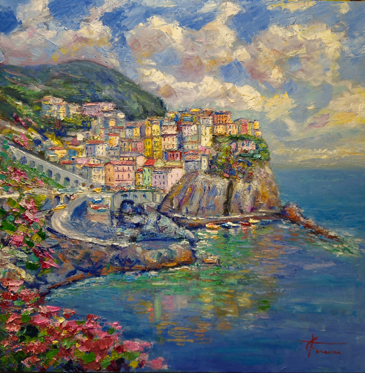 Manarola olio di tela cm 60x60  (Codice 491/25)