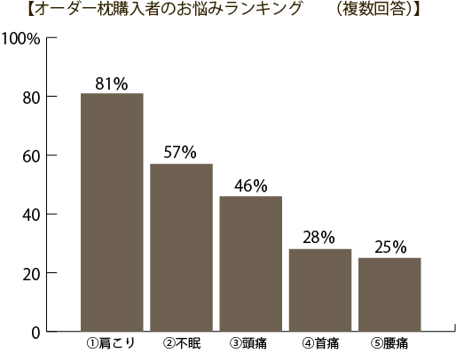 オーダー枕購入者のお悩みランキング　肩こり81％　不眠57％　頭痛46％　首痛28％　腰痛25％