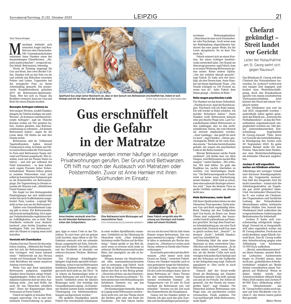 Bettwanzen-Spürhunde-Team Leipzig in der LVZ
