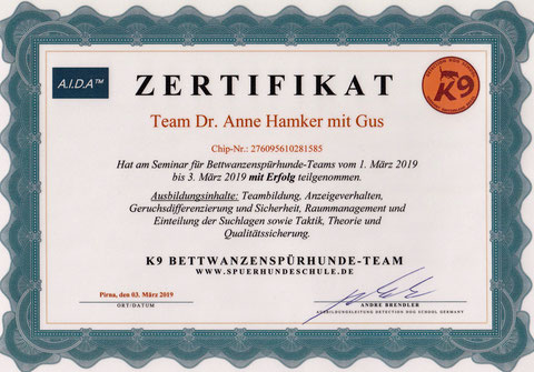 Zertifikat Seminar Bettwanzenspürhunde-Team 2019