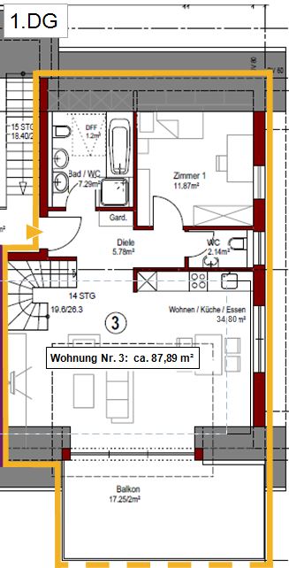 Grundriss Wohnung Nr. 3 - 1. DG