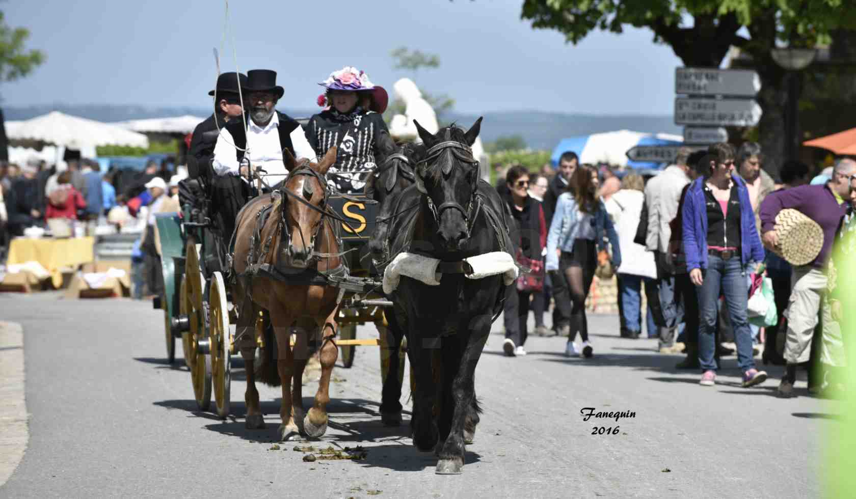 Défilé de calèches de 1900 dans les rues de Villeneuve d'Aveyron le 15 mai 2016 - Attelage en arbalète de 3 chevaux - calèche 4 roues - 2