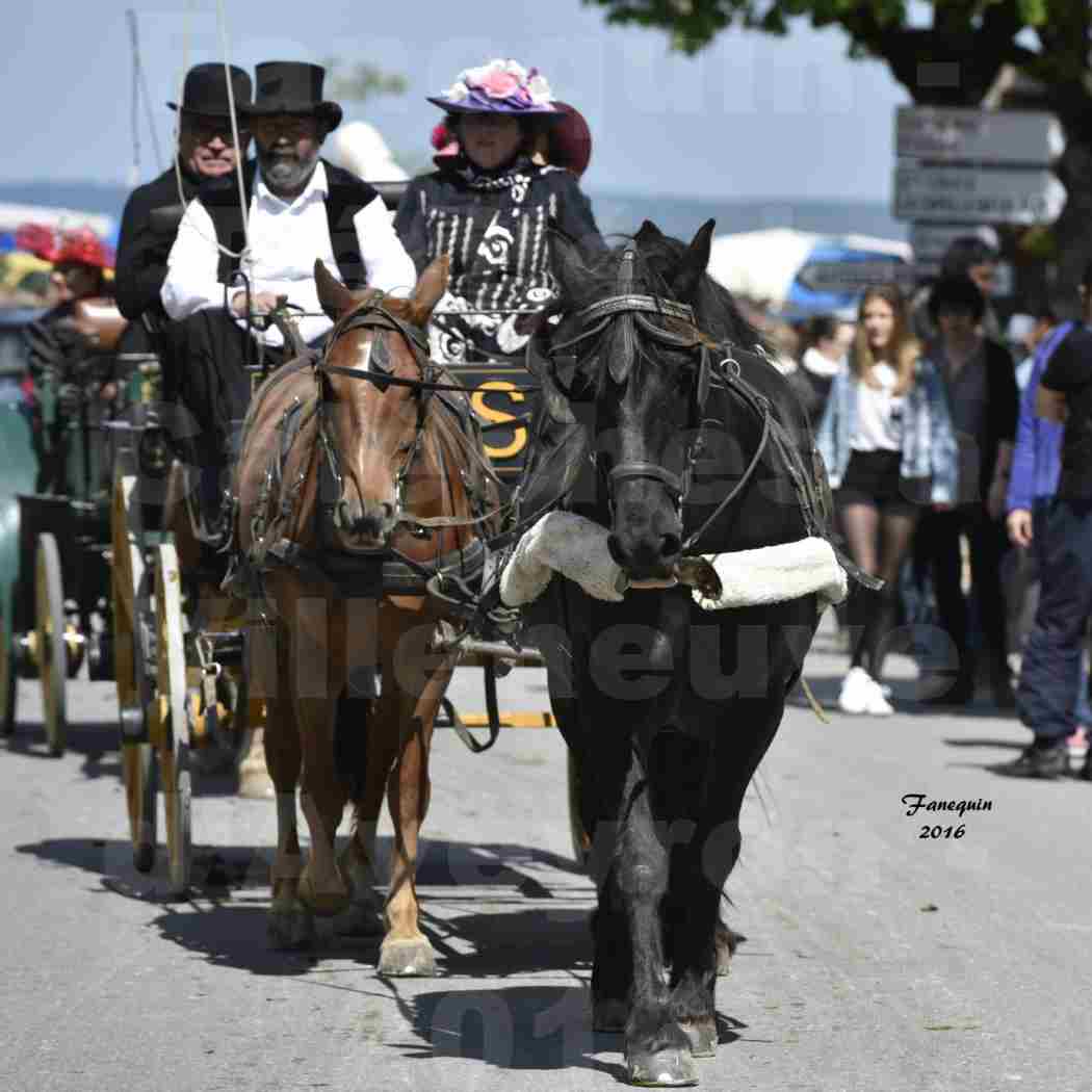 Défilé de calèches de 1900 dans les rues de Villeneuve d'Aveyron le 15 mai 2016 - Attelage en arbalète de 3 chevaux - calèche 4 roues - 3