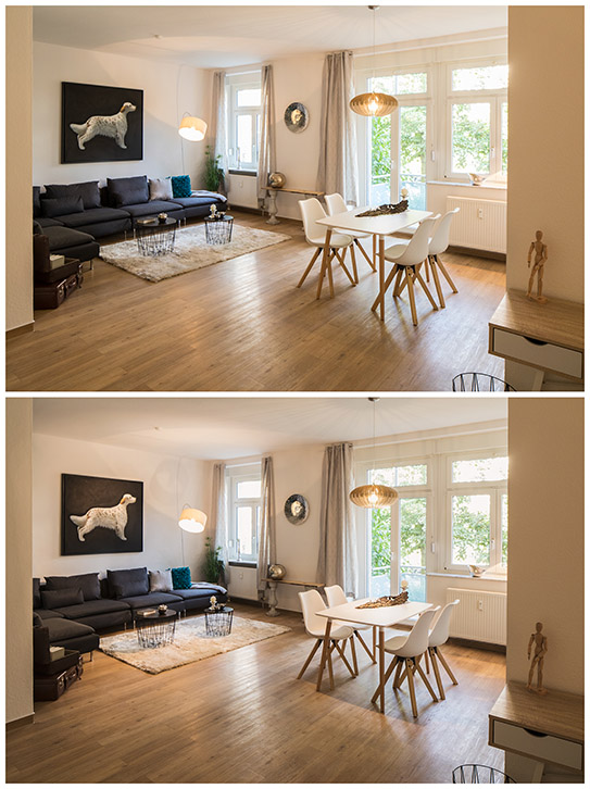 Immobilienfotografie Interieur Light painting vorher nachher