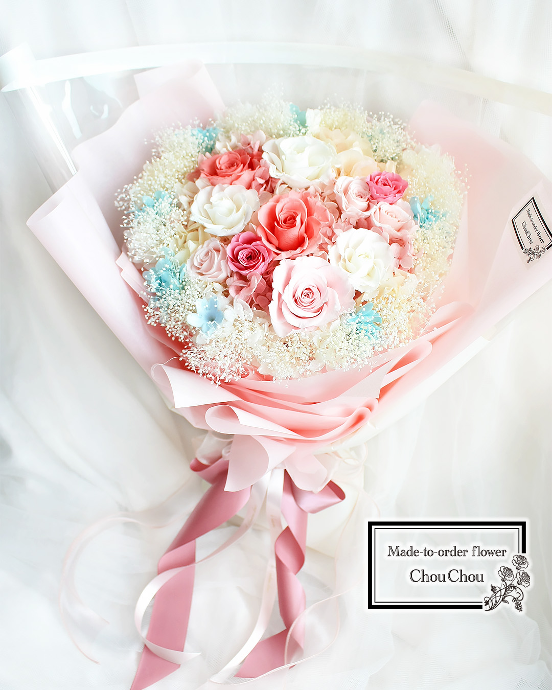 プロポーズ　ピンク＆ホワイトのバラをかすみ草で囲ったプリザーブドフラワーの花束　東京ディズニーシー・ホテルミラコスタへ　　order no 240403