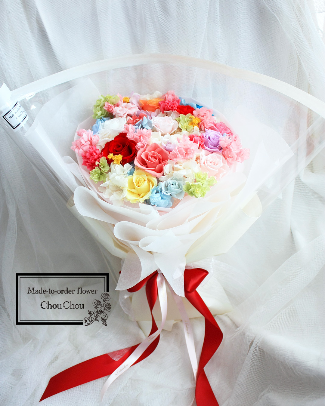 プロポーズ　プリザーブドフラワーの花束　リングホルダー&フラワーリング付き　ホテルミラコスタへ　order no 231008