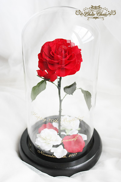 美女と野獣　一輪のバラ　ガラスドーム  誕生日　バースデー　プレゼント　刻印　白バラ　赤薔薇　オーダーフラワー シュシュ　chouchou