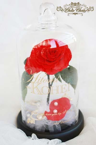 美女と野獣　一輪の薔薇　ガラスドーム　プロポーズ　リングホルダー　ウェディング　リングピロー　刻印