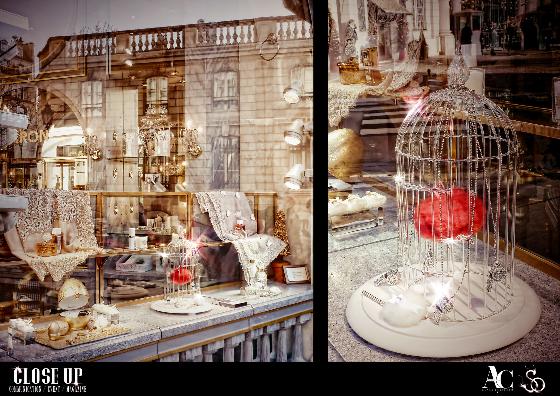 Cage en verre réalisée pour la vitrine de la boutique CARON Faubourg Saint-Honoré à Paris