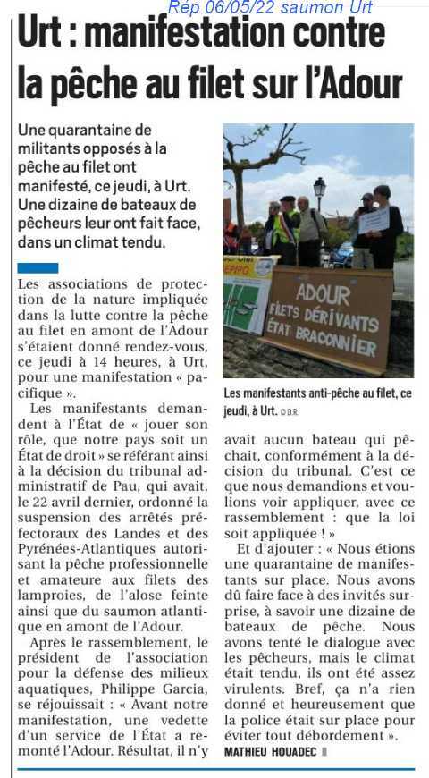 Article manifestation contre pêche fluviale à URT, illégale. 05 05 2022