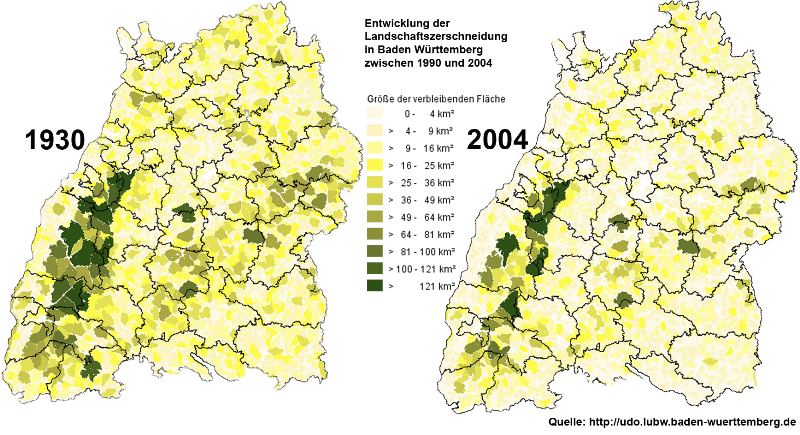 Enwicklung der Landschaftszerschneidung in Baden-Württemberg zwischen 1930 und 2004 (Unzerschnittene Räume sind farblich markiert. Quelle: www.LUBW-Baden-Wuerttemberg.de)