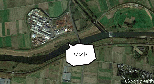 山佐木材下住工場　すぐ南を肝付川が流れ、「ワンド」（地形）には生物が多くみられる