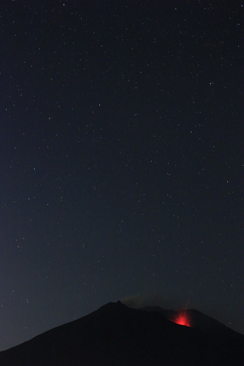 夜空の星々と桜島の噴火