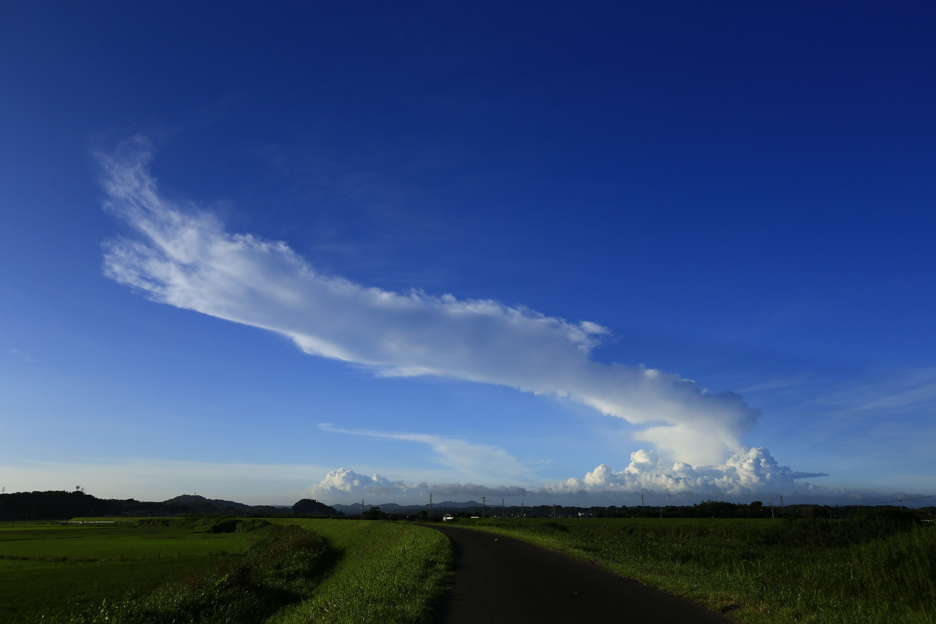 積乱雲の集まりの中から飛び出して伸びるユニークな雲（串良町）