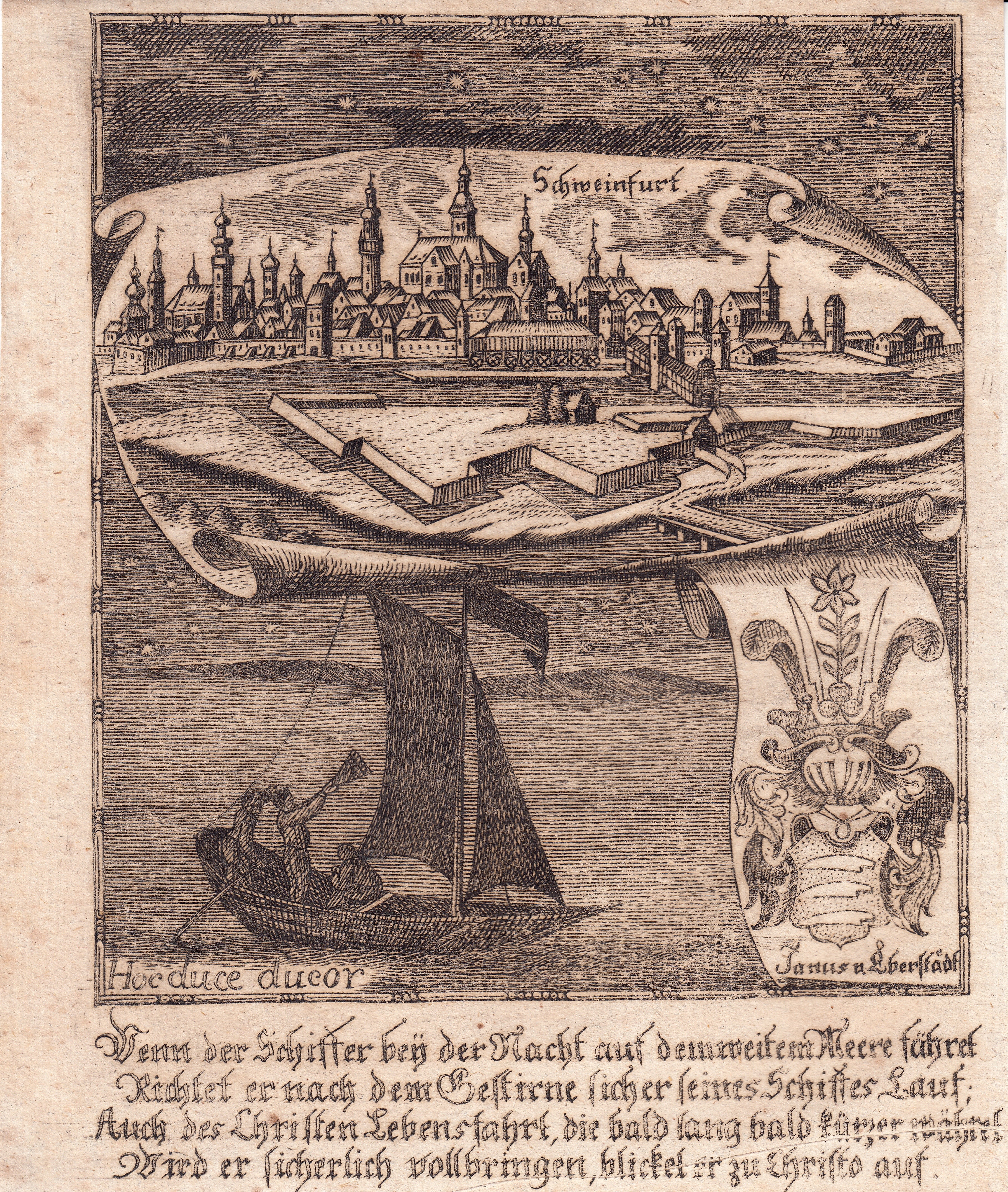 Kupferstich aus Zittauisches Tagebuch, um 1800, 17 x 13 (H) Sehr seltene Ansicht. - Das Blatt besitzt in der oberen Hälfte eine Gesamtansicht von Schweinfurt, darunter eine Allegorie zum Thema "Segeln" und ein Wappen derer von Eberstadt. Ganz unten ein 4