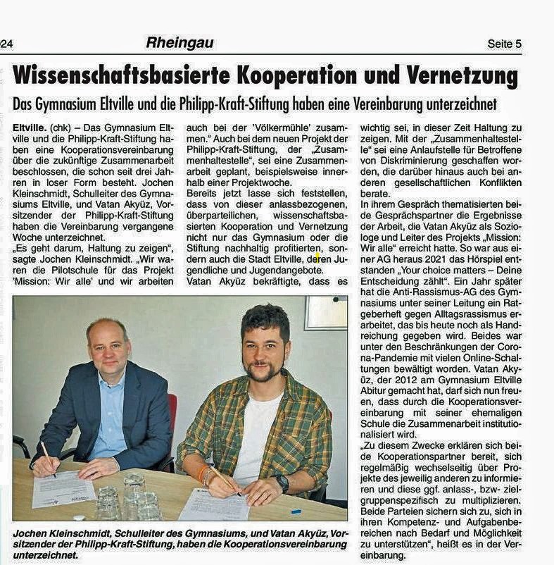 6. Juni 2024: Rheingau Echo, Kooperation Philipp-Kraft-Stiftung mit Gymnasium Eltville