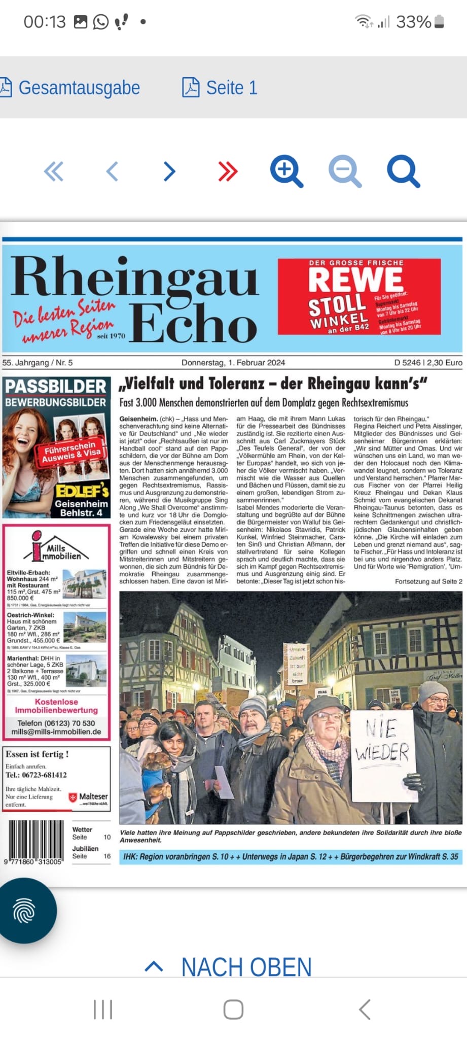 1. Februar 2024: Rheingau Echo über die Demonstration in Geisenheim, Erwähnung 