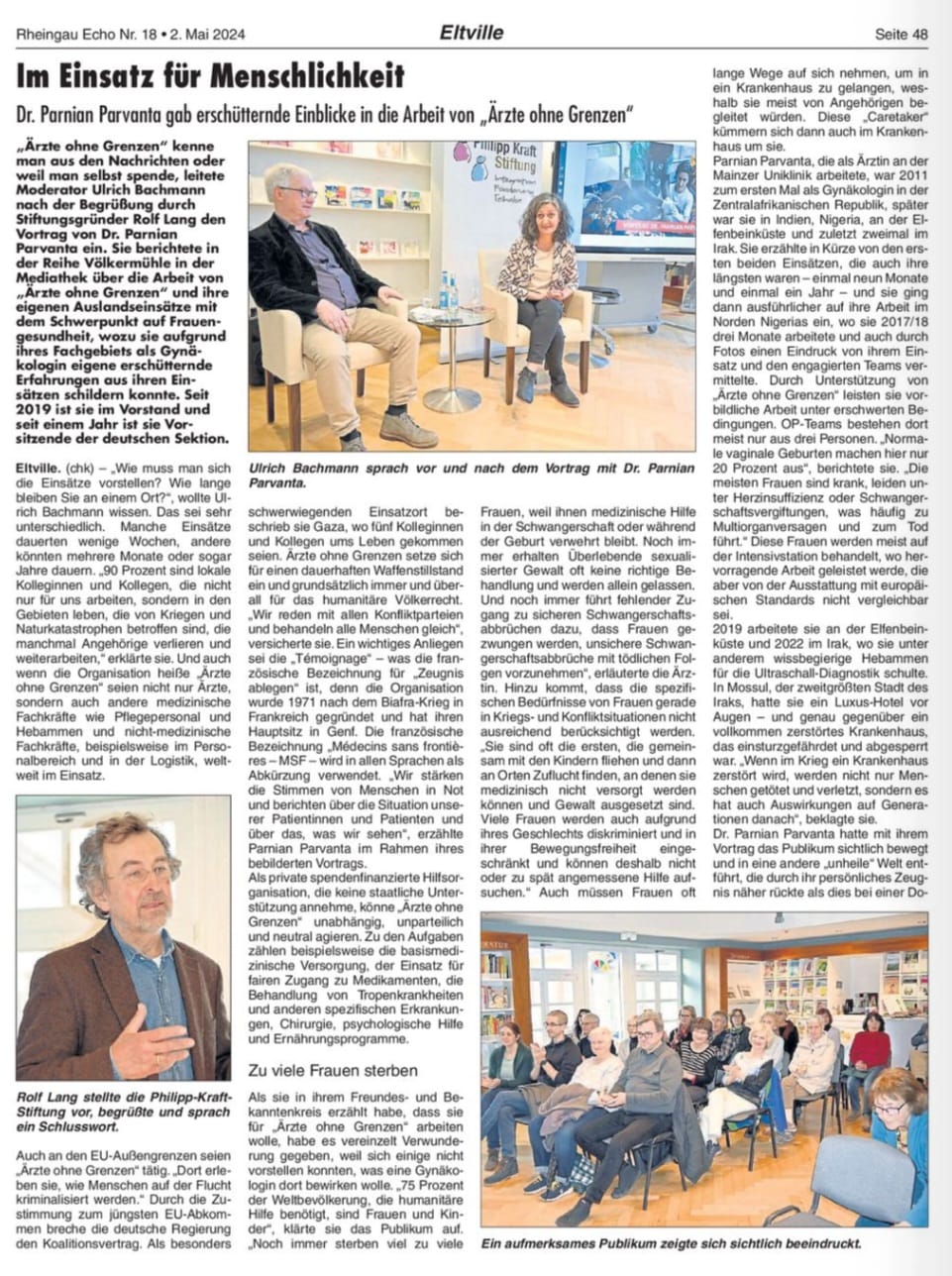2. Mai 2024: Rheingau Echo, Völkermühle - der Talk, Ärzte ohne Grenzen