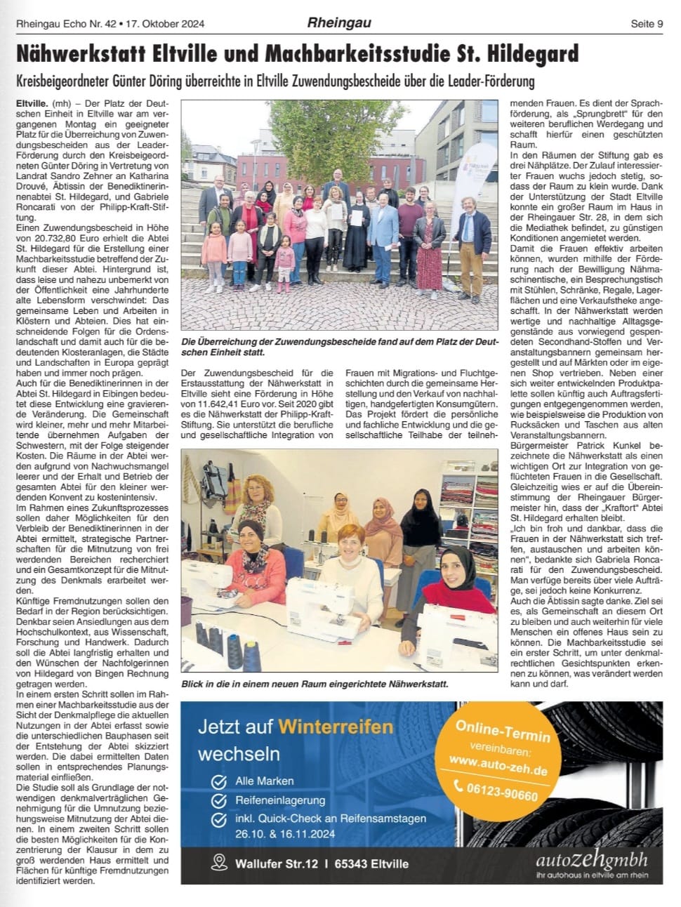 17. Oktober 2024: Rheingau Echo, Übergabe LEADER-Bescheid an die Nähwerkstatt