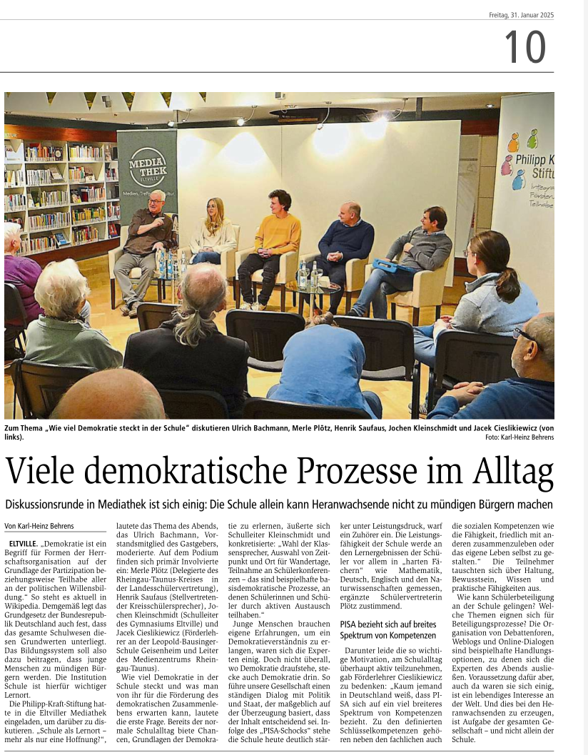 31. Januar 2025: Wiesbadener Kurier, Völkermühle - der Talk, Schule als Lernort für Demokratie
