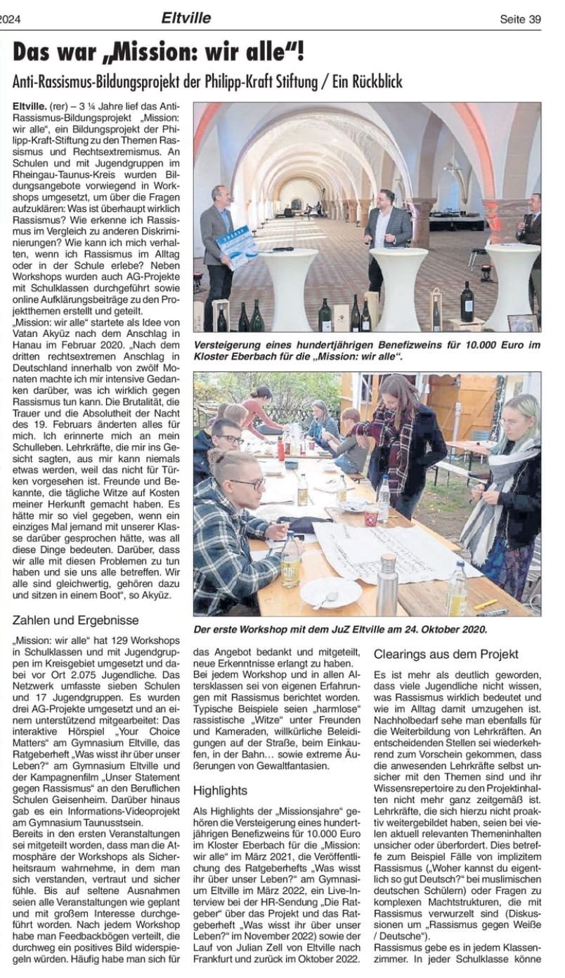 12. April 2024: Rheingau Echo, Rückblick über 3 Jahre Mission: wir alle 1