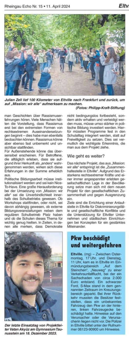 12. April 2024: Rheingau Echo, Rückblick über 3 Jahre Mission: wir alle 1