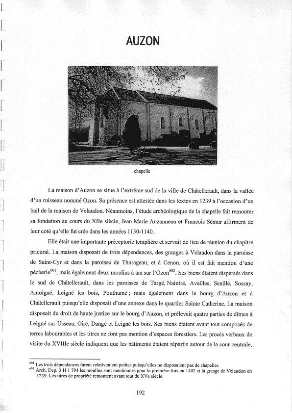  J. Vialard - L’ordre du Temple en Poitou Charentes - 2007 - Extraits concernant Auzon p.192