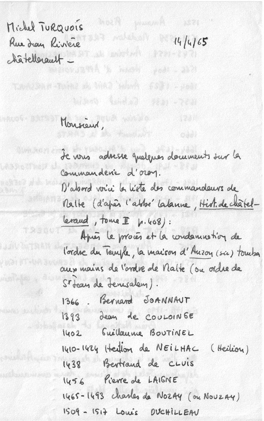 Recherches Michel Turquois aux Archives de la Vienne - 1965