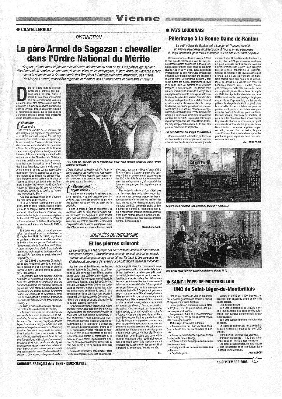 Article du Courrier Français 15/09/2006 : Le père Armel de Sagazan, chevalier dans l'Ordre National du Mérite