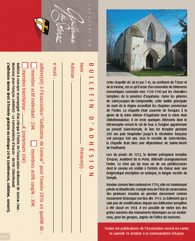 Bulletin d'adhésion à l'association Guillaume de Sonnac et présentation succinte de la chapelle de la commanderie d'Auzon