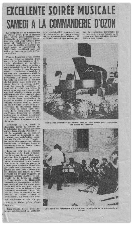 Article de journal concert J.C. Pennetier et l'orchestre J.S. Bach dirigé par J.C.Reibel - juin 1973