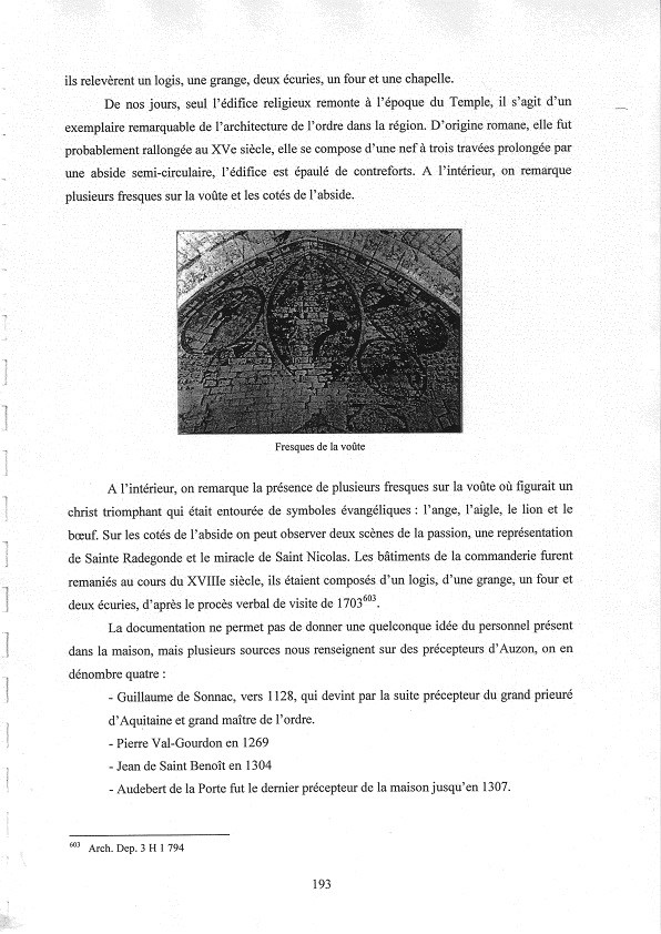  J. Vialard - L’ordre du Temple en Poitou Charentes - 2007 - Extraits concernant Auzon p.193