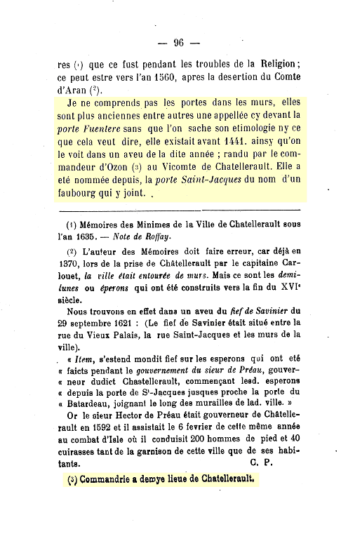 Roffay des Pallus 1738 " Mémoires Chronologiques pour servir à l'Histoire de Châtellerault " p.96