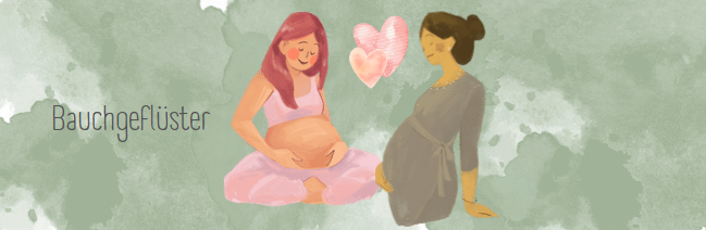 Hebamme Warendorf, zwei Schwangere im Entspannungskurs für Schwangere. Zwischen ihnen sind zwei kleine rosa Herzen. Rechts im Bild steht "Bauchgeflüster"