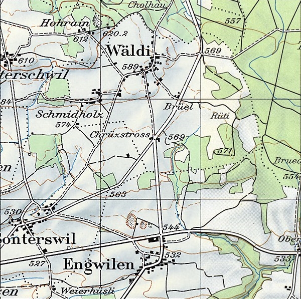 Wäldi 1975 - mit der neuen Kantonsstrasse bei Engwilen