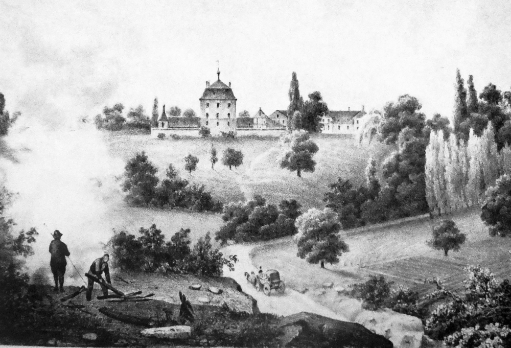 Schloss Wolfsberg hinter dem Kohlplatz und der Kutsche von Zollikofer