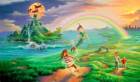 Peter Pan flying infront od Neverland island