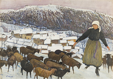 Ernest Biéler: Bergère et moutons dans un paysage hivernal saviésan