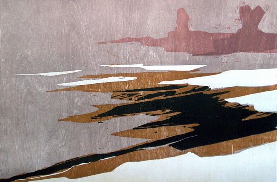 Frank Dekkers: River in winter, woodcut