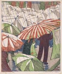 Ethel Spowers: regenachtige middag, linosnede