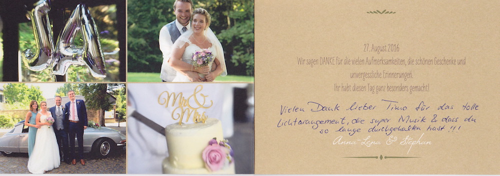 Dankeskarte eines Brautpaars, hier war ich als Hochzeits DJ in Köln unterwegs